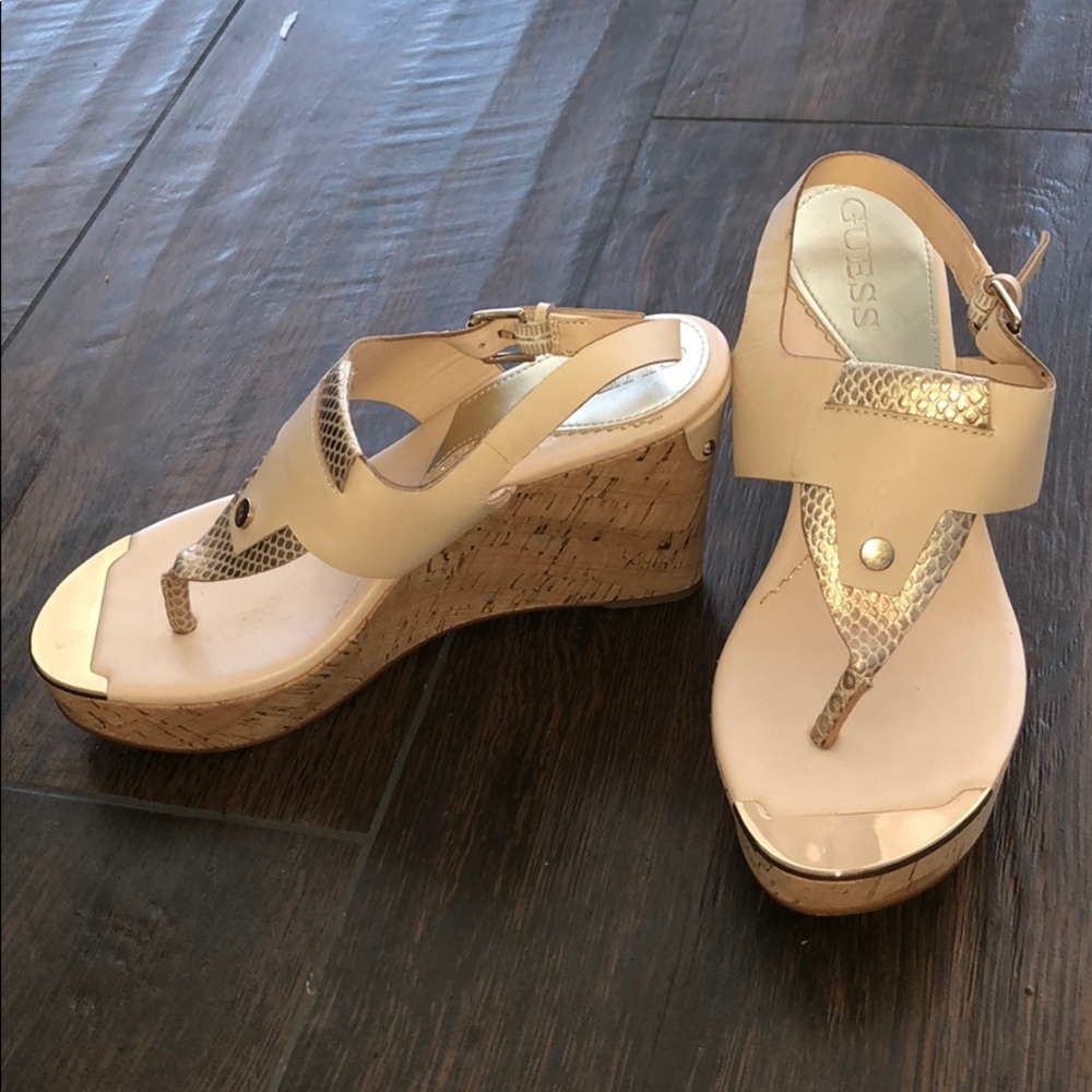 Guess Nude Platform Wedges Thong Sandals Cork